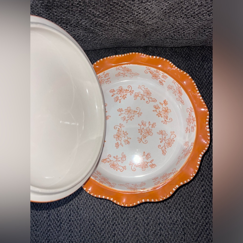 Temptations Floral Lace Pumpkin Scalloped Covered 9" Pie Casserole Lid Ovenware - Picture 2 of 4